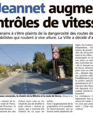 Article Nice-Matin – Saint-Jeannet augmente les contrôles de vitesse